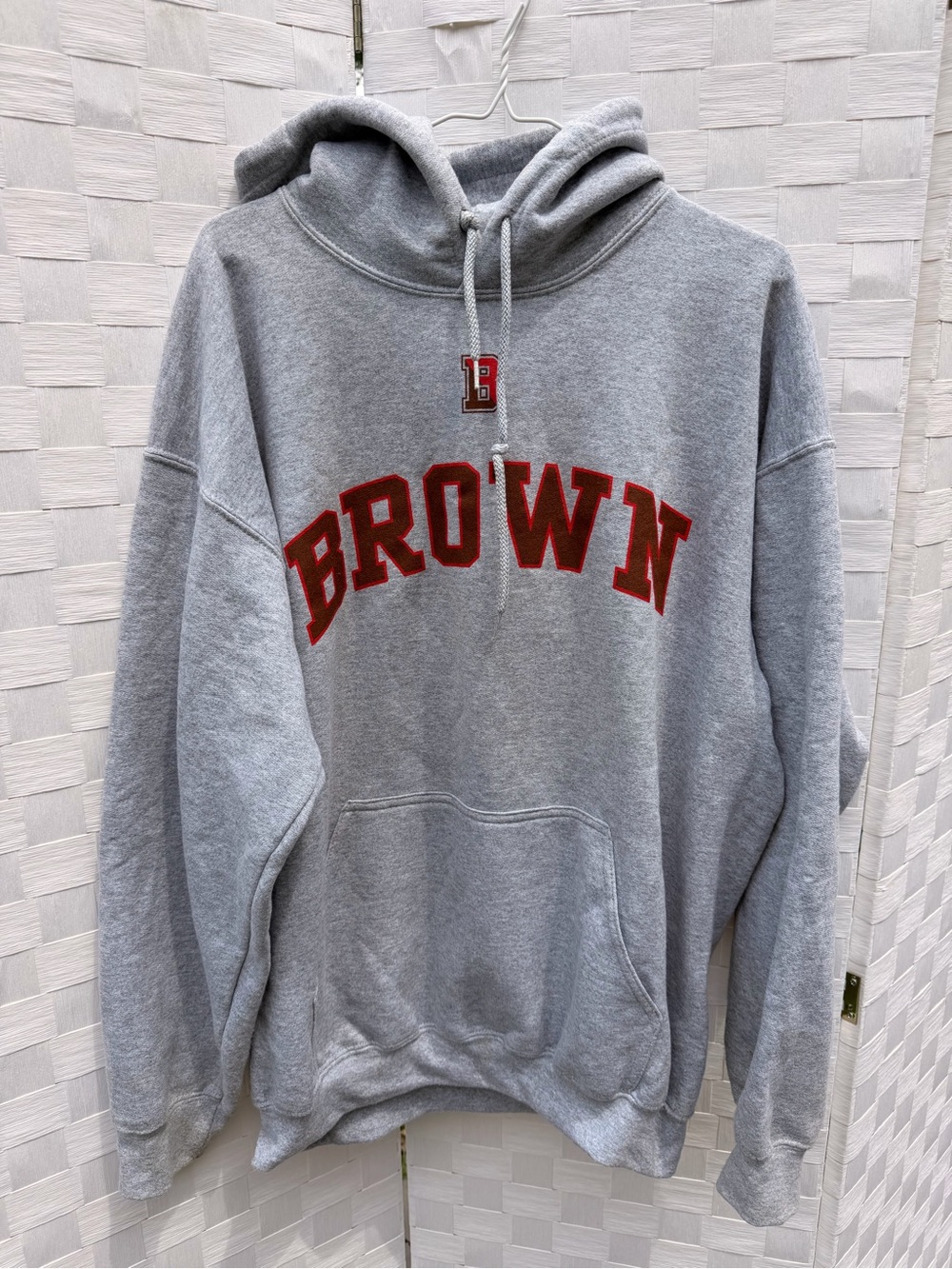 Gray Hoodie with Red 'BROWN' Collegiate Logo - Pullover Sweatshirt